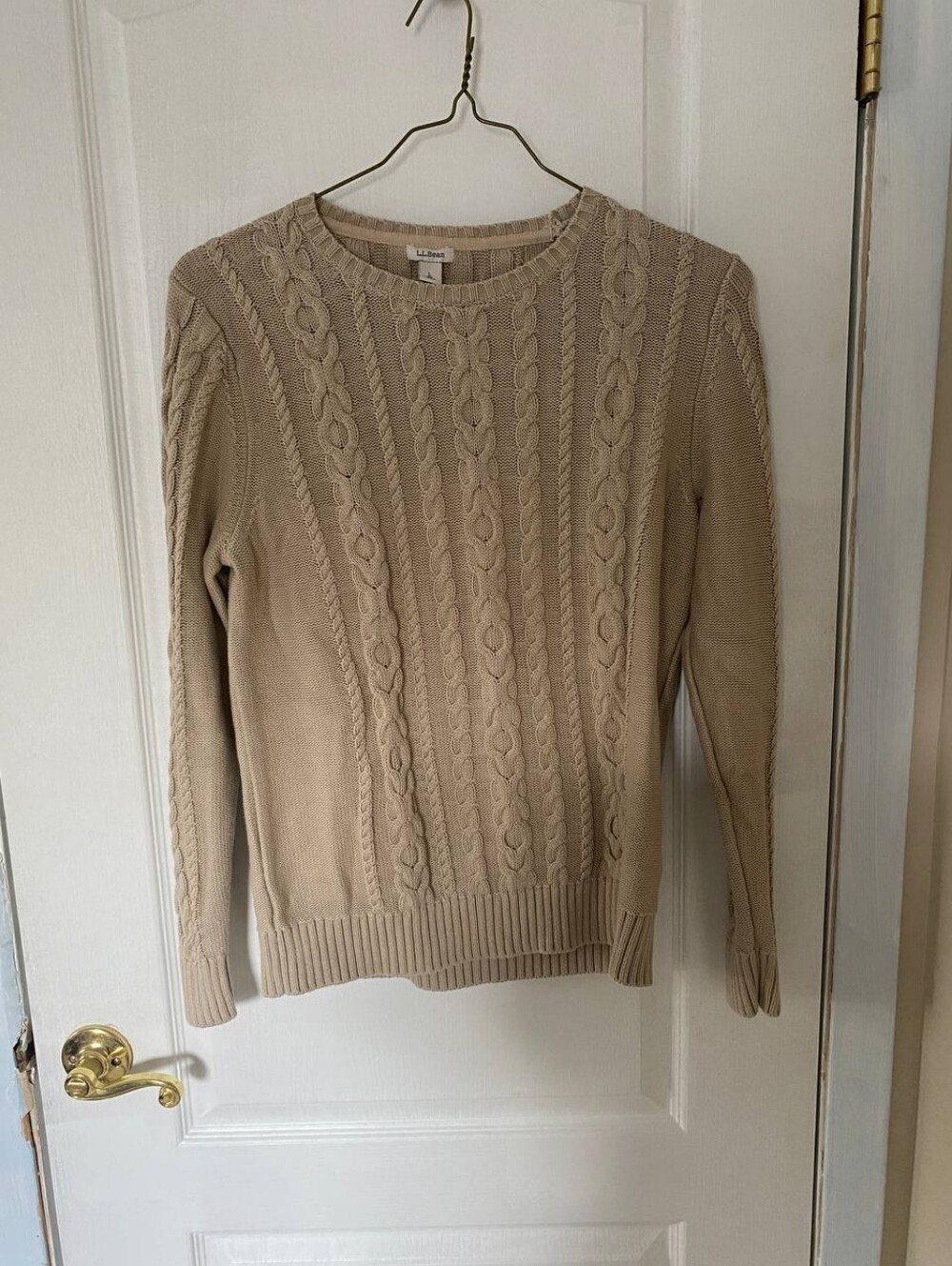 Women’s L.L. Bean Tan Cableknit Long Sleeve Sweater 100% Cotton Size Large Reg